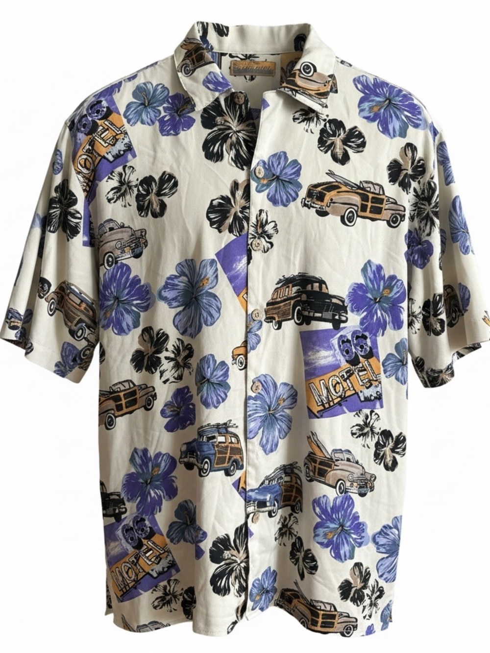 Bobby Chan M 100% Silk Hawaiian Shirt Woodie Car Route 66 Motel Hibiscus 90s